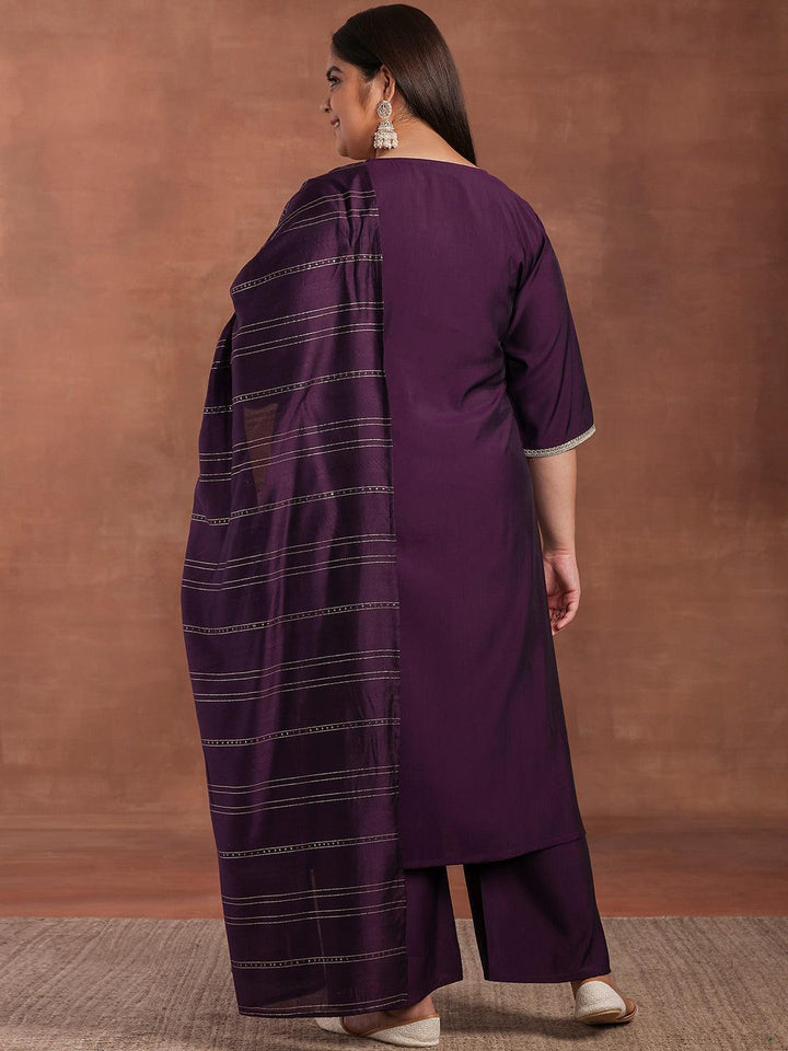 Plus Size Purple Yoke Design Silk Blend Straight Suit With Dupatta - Libas