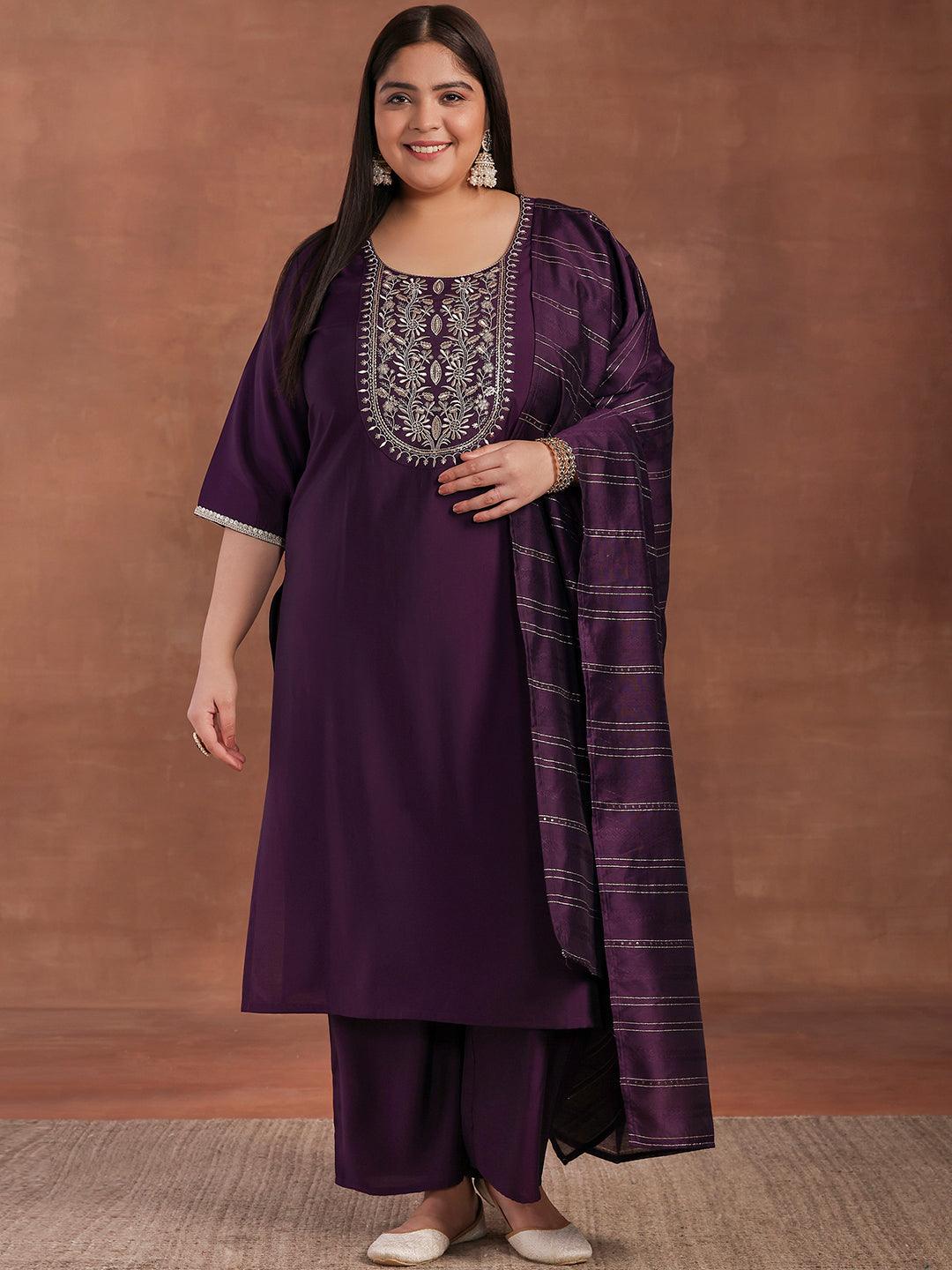 Plus Size Purple Yoke Design Silk Blend Straight Suit With Dupatta - Libas