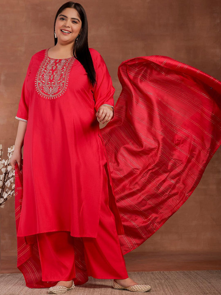 Plus Size Pink Yoke Design Silk Blend Straight Suit With Dupatta - Libas