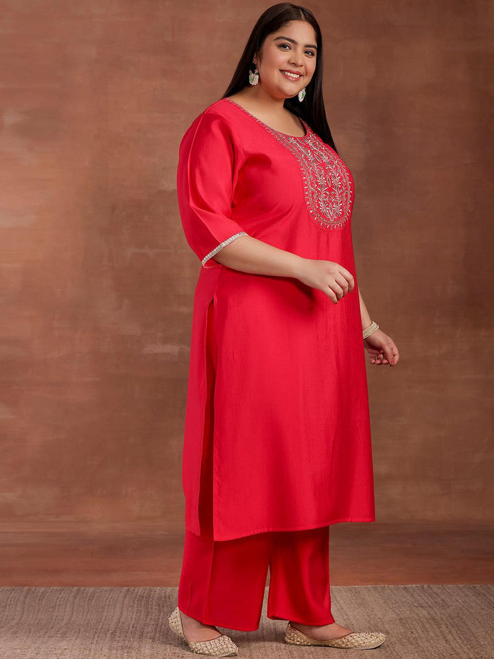 Plus Size Pink Yoke Design Silk Blend Straight Suit With Dupatta - Libas