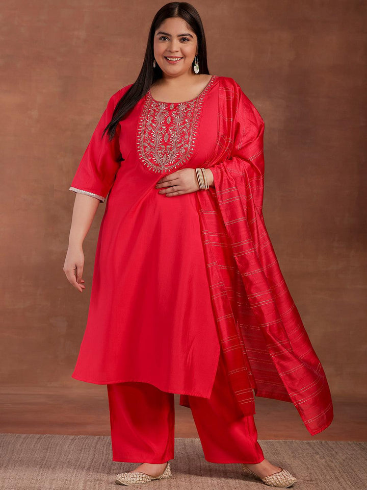 Plus Size Pink Yoke Design Silk Blend Straight Suit With Dupatta - Libas