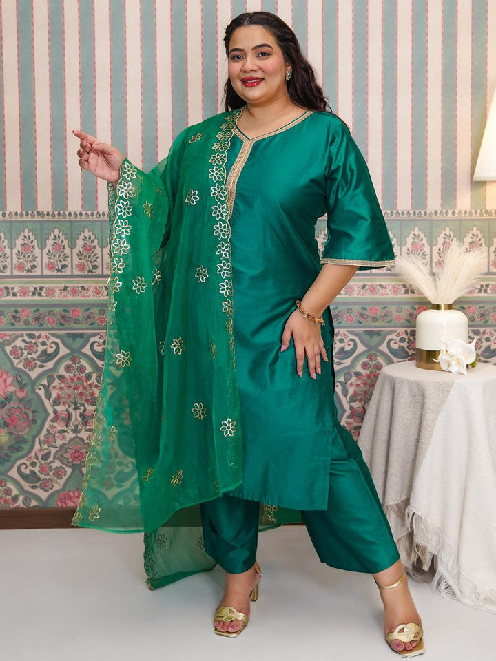 Plus Size Green Solid Silk Blend Straight Suit With Dupatta - Libas