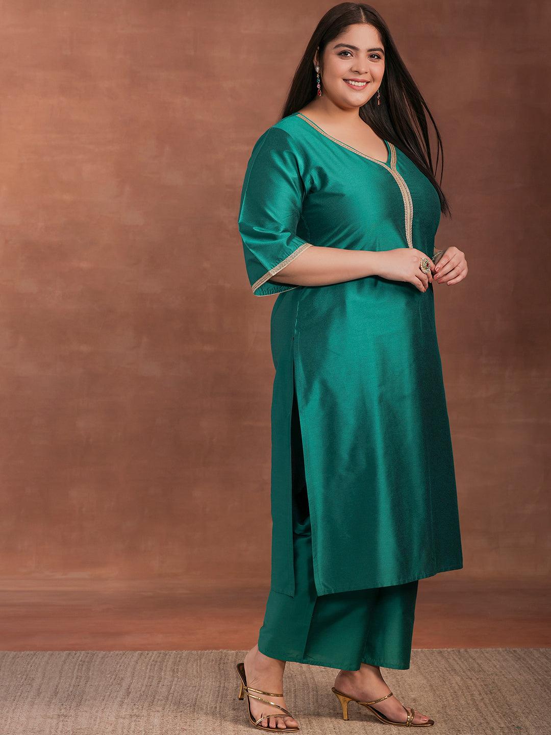 Plus Size Green Solid Silk Blend Straight Suit With Dupatta - Libas