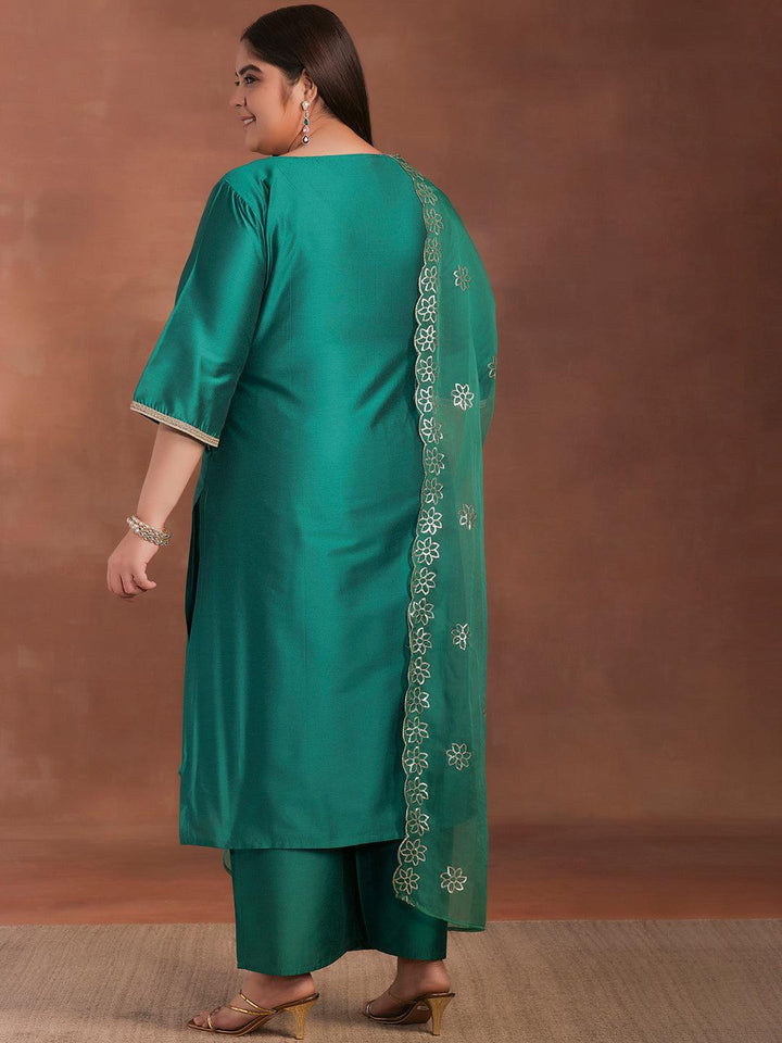 Plus Size Green Solid Silk Blend Straight Suit With Dupatta - Libas