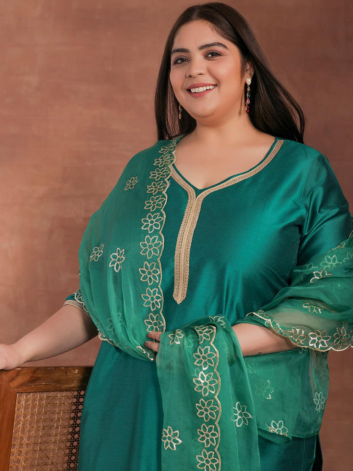 Plus Size Green Solid Silk Blend Straight Suit With Dupatta - Libas