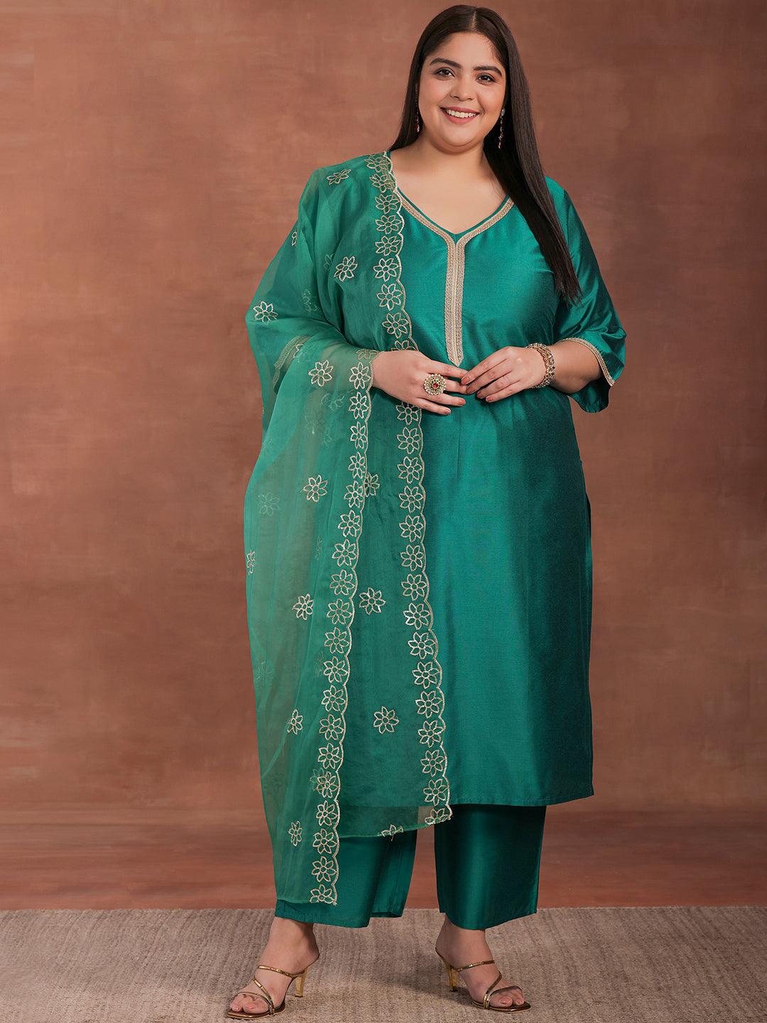 Plus Size Green Solid Silk Blend Straight Suit With Dupatta - Libas