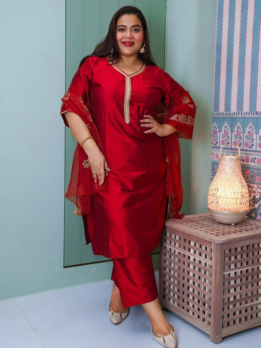 Plus Size Maroon Solid Silk Blend Straight Suit With Dupatta - Libas