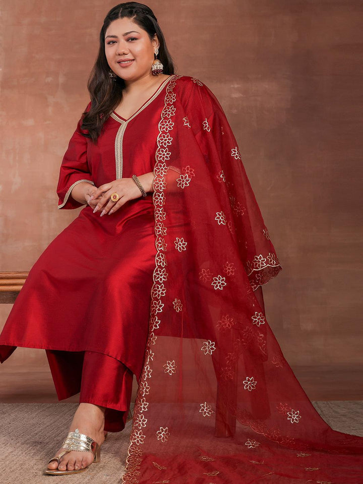 Plus Size Maroon Solid Silk Blend Straight Suit With Dupatta - Libas