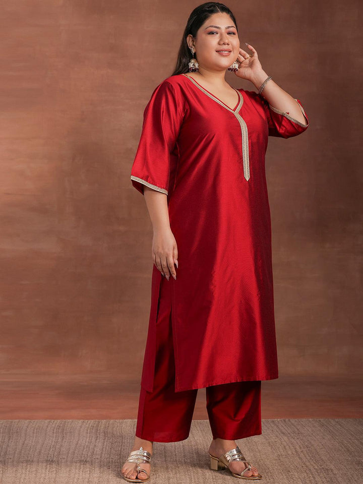 Plus Size Maroon Solid Silk Blend Straight Suit With Dupatta - Libas