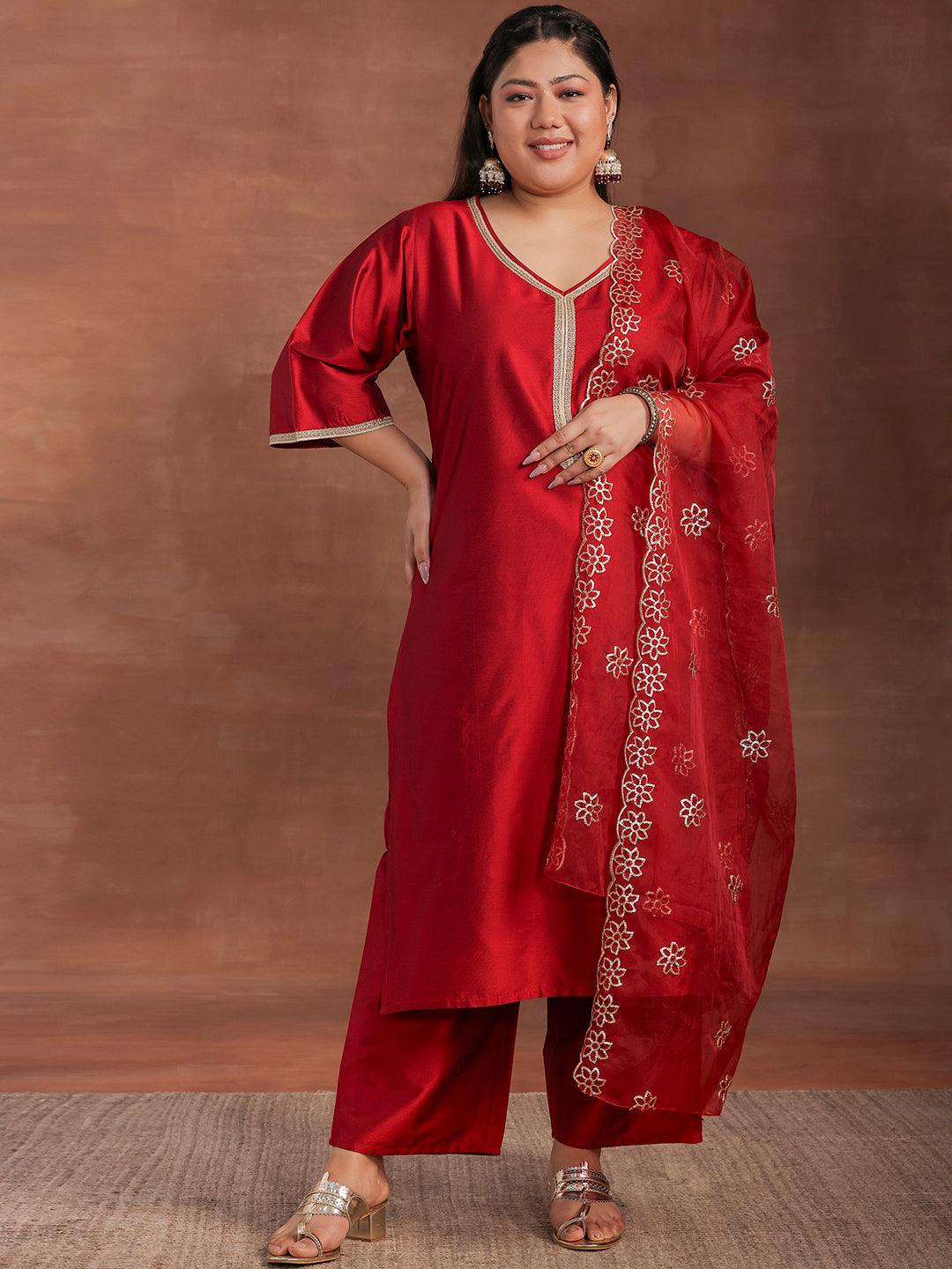 Plus Size Maroon Solid Silk Blend Straight Suit With Dupatta - Libas