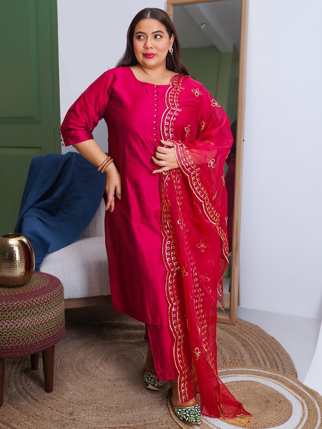 Plus Size Magenta Solid Silk Blend Straight Suit With Dupatta - Libas