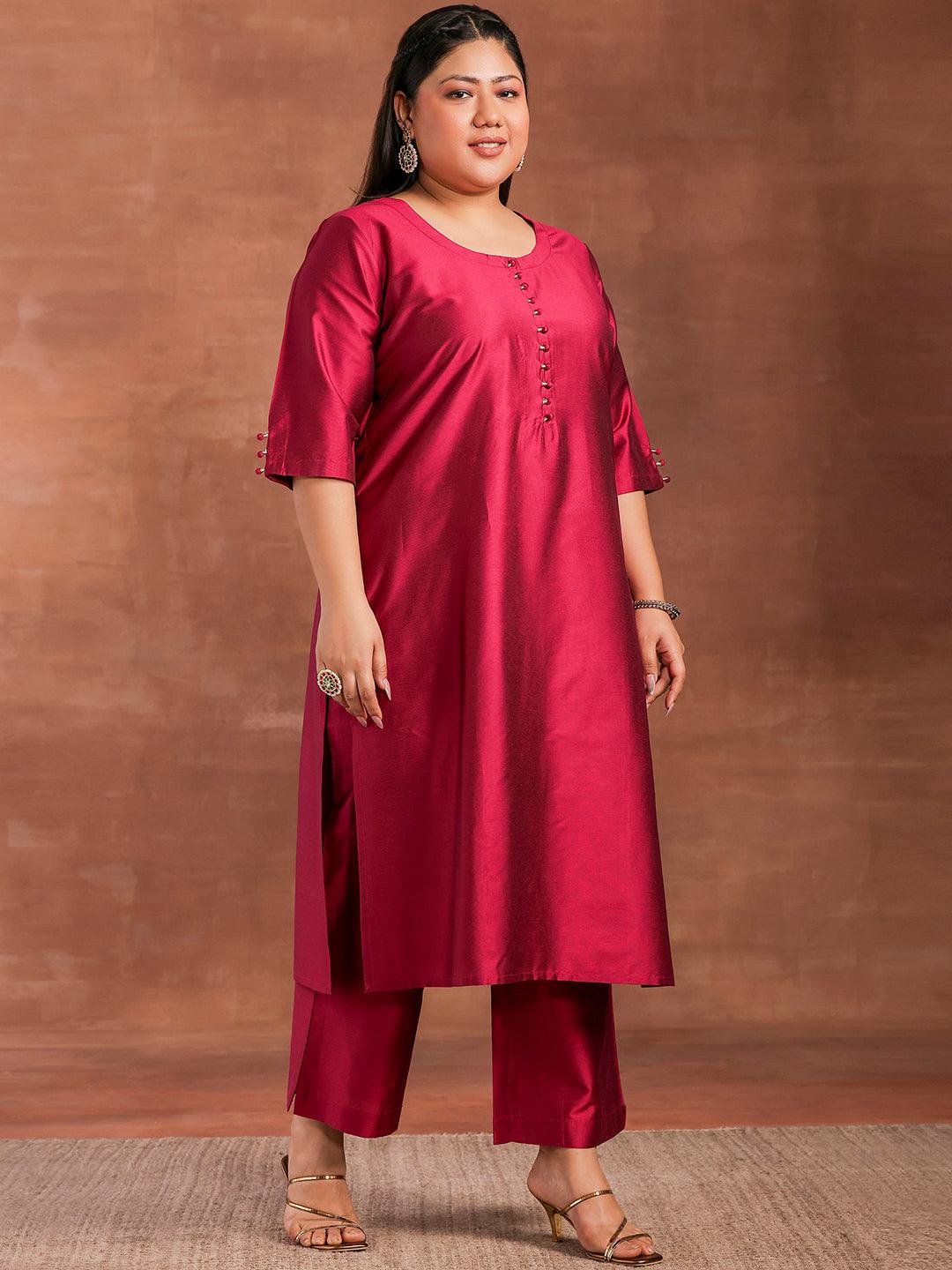 Plus Size Magenta Solid Silk Blend Straight Suit With Dupatta - Libas