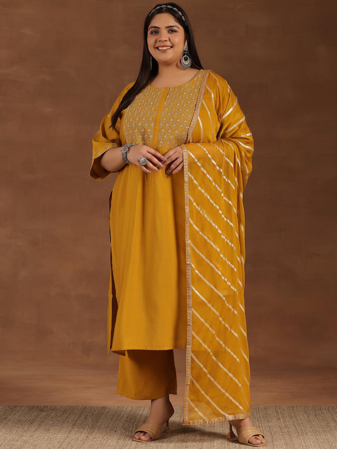 Plus Size Mustard Solid Silk Blend Straight Suit With Dupatta - Libas 