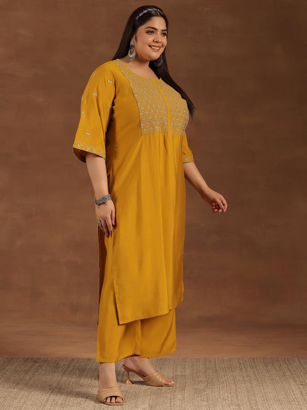 Plus Size Mustard Solid Silk Blend Straight Suit With Dupatta - Libas 