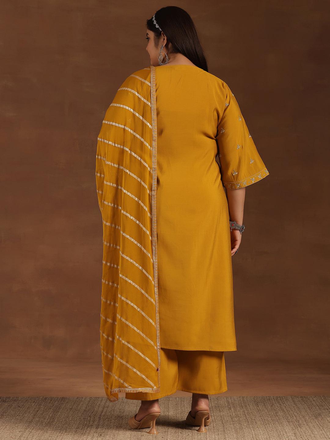 Plus Size Mustard Solid Silk Blend Straight Suit With Dupatta - Libas 