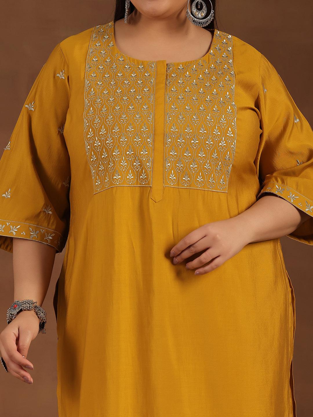 Plus Size Mustard Solid Silk Blend Straight Suit With Dupatta - Libas 