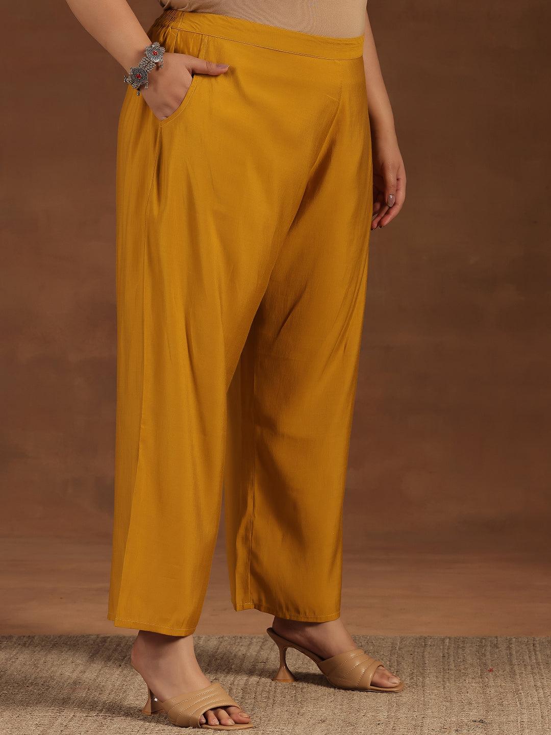 Plus Size Mustard Solid Silk Blend Straight Suit With Dupatta - Libas 