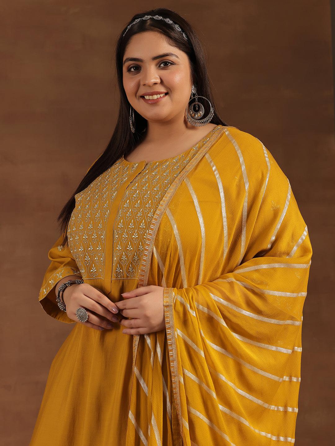 Plus Size Mustard Solid Silk Blend Straight Suit With Dupatta - Libas 