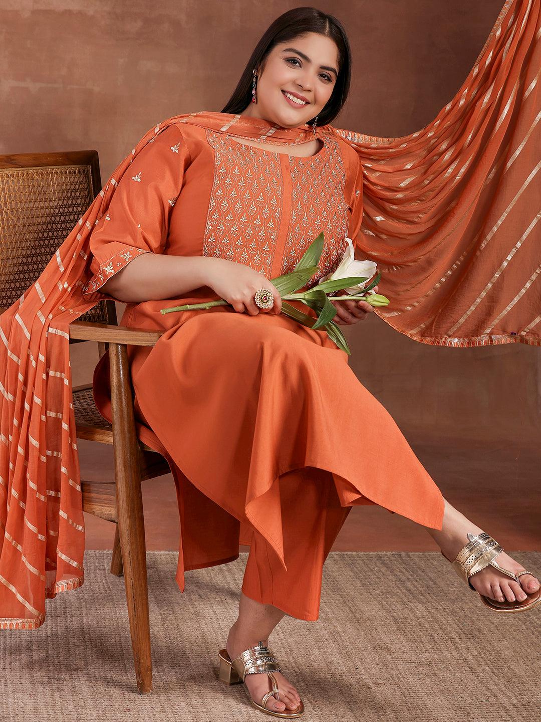 Plus Size Coral Solid Silk Blend Straight Suit With Dupatta - Libas