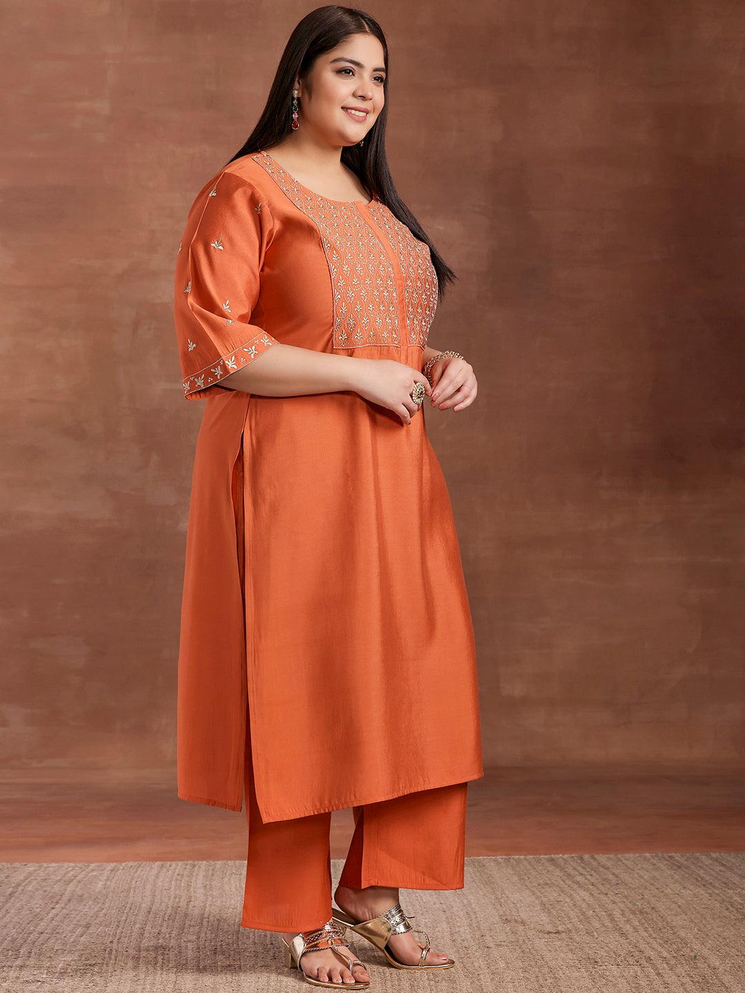 Plus Size Coral Solid Silk Blend Straight Suit With Dupatta - Libas 