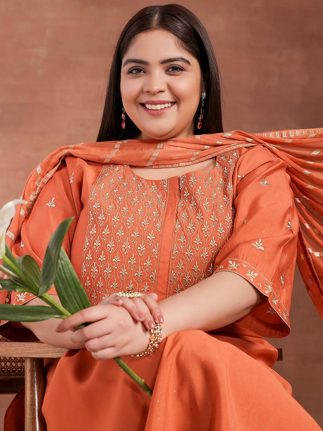 Plus Size Coral Solid Silk Blend Straight Suit With Dupatta - Libas 