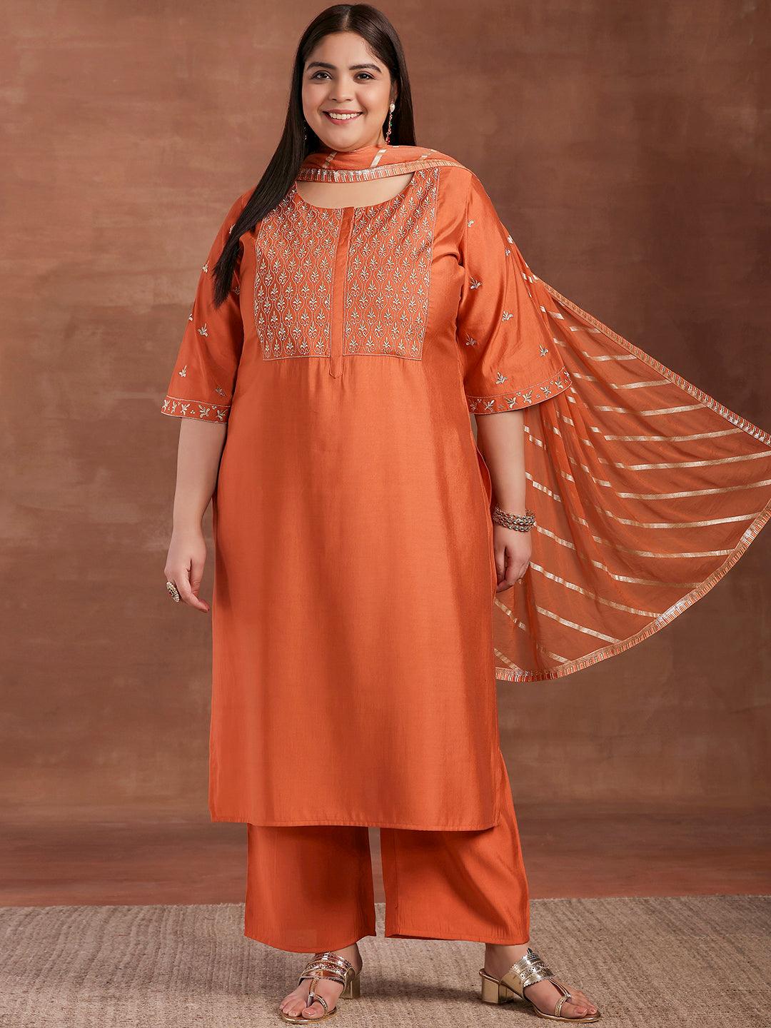 Plus Size Coral Solid Silk Blend Straight Suit With Dupatta - Libas 