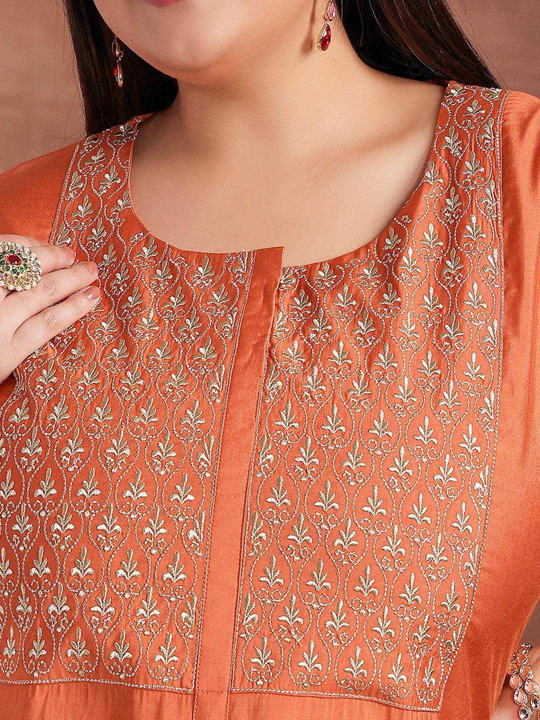 Plus Size Coral Solid Silk Blend Straight Suit With Dupatta - Libas 