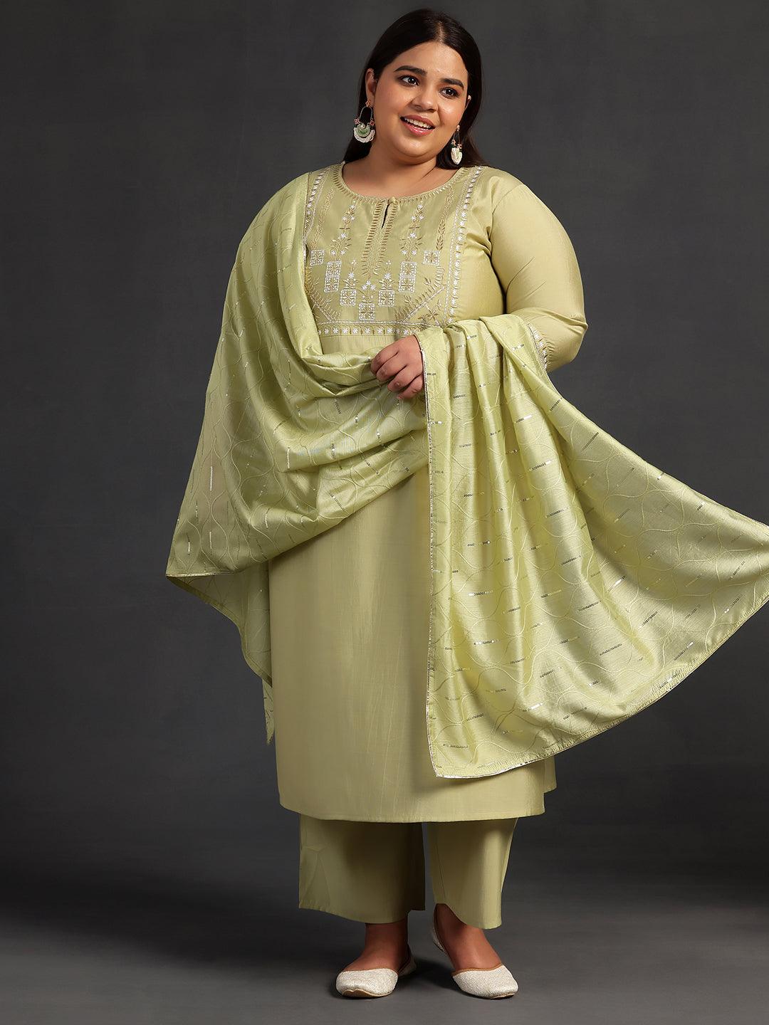 Plus Size Green Yoke Design Silk Blend Straight Suit With Dupatta - Libas