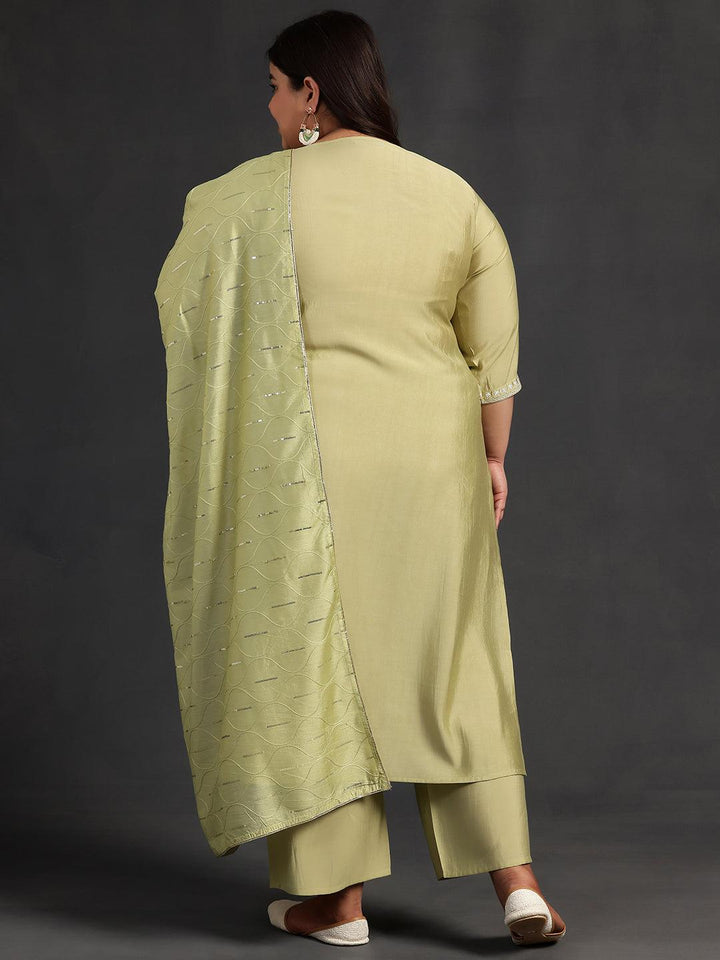 Plus Size Green Yoke Design Silk Blend Straight Suit With Dupatta - Libas