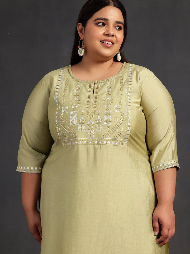 Plus Size Green Yoke Design Silk Blend Straight Suit With Dupatta - Libas