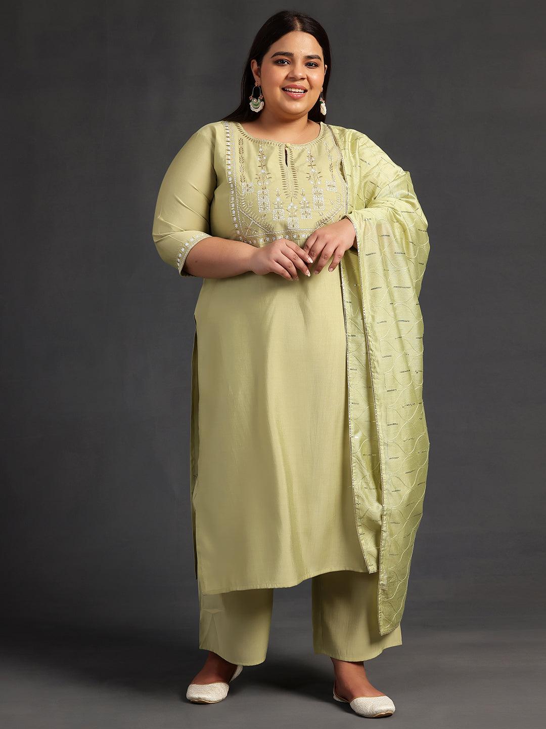 Plus Size Green Yoke Design Silk Blend Straight Suit With Dupatta - Libas