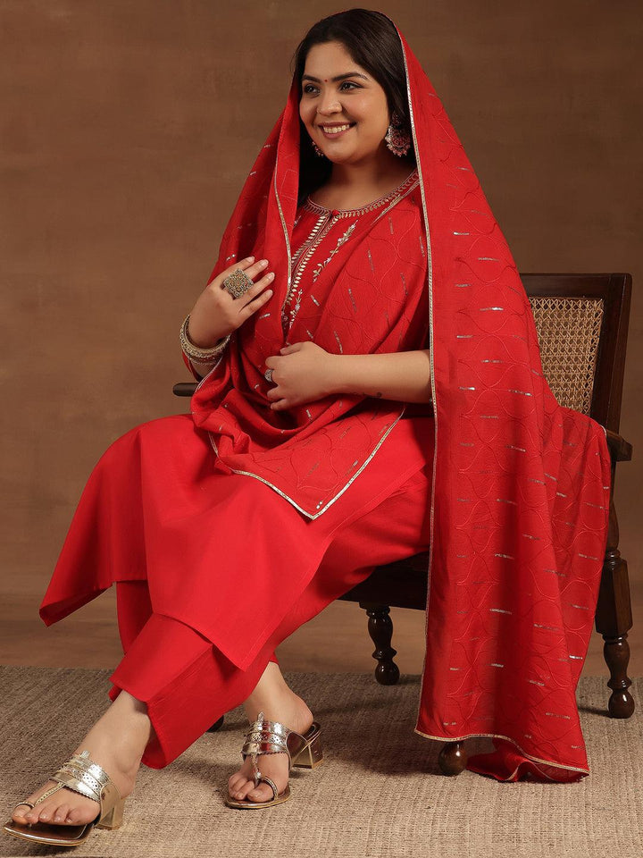 Plus Size Red Yoke Design Silk Blend Straight Suit With Dupatta - Libas