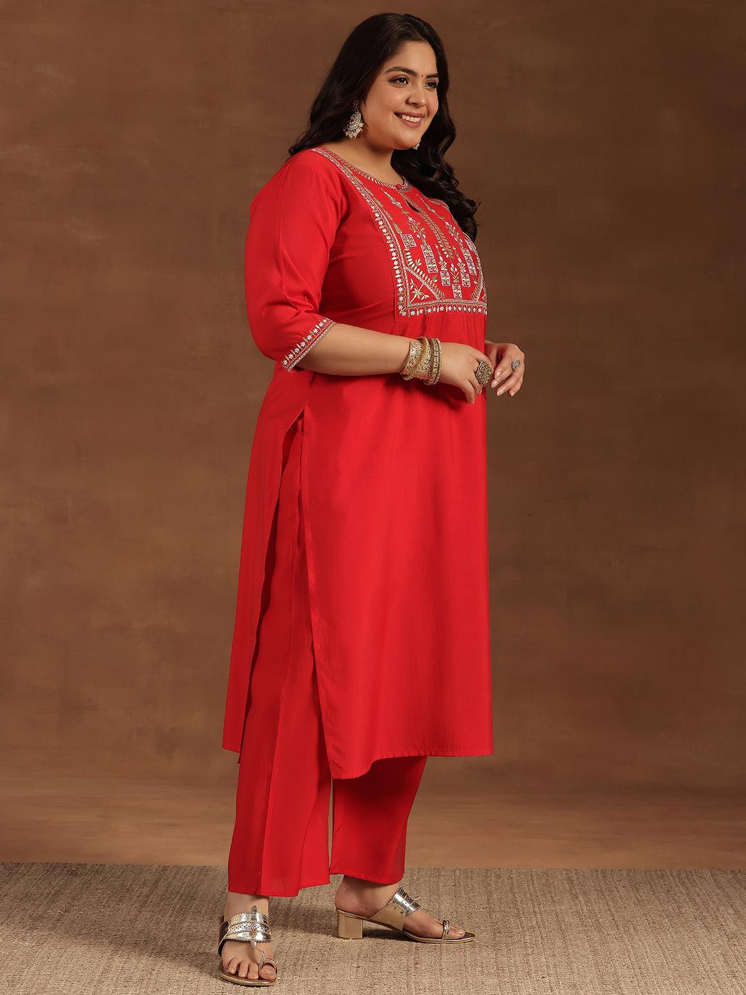 Plus Size Red Yoke Design Silk Blend Straight Suit With Dupatta - Libas