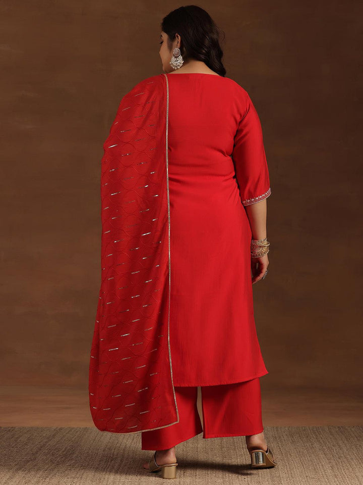 Plus Size Red Yoke Design Silk Blend Straight Suit With Dupatta - Libas