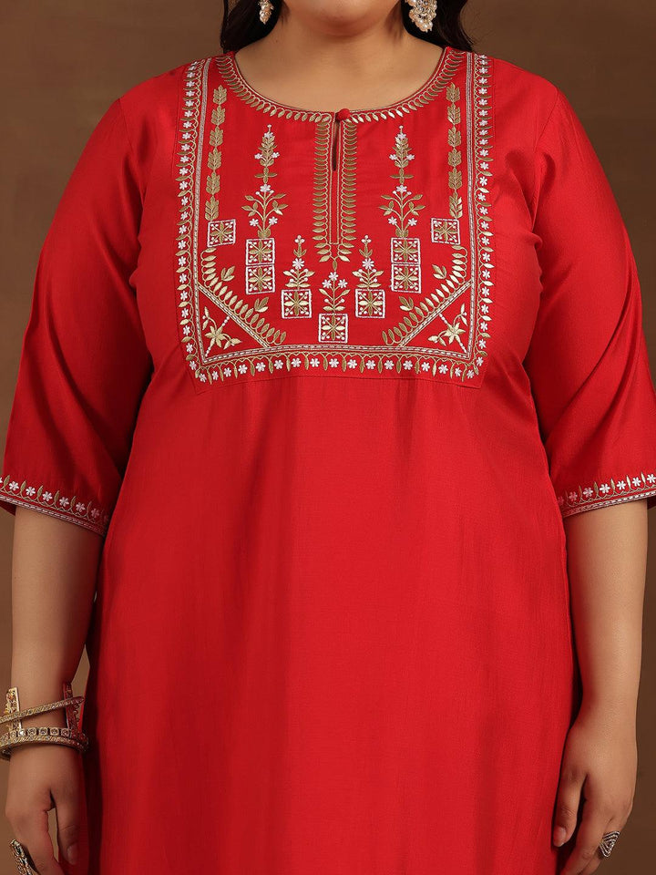 Plus Size Red Yoke Design Silk Blend Straight Suit With Dupatta - Libas