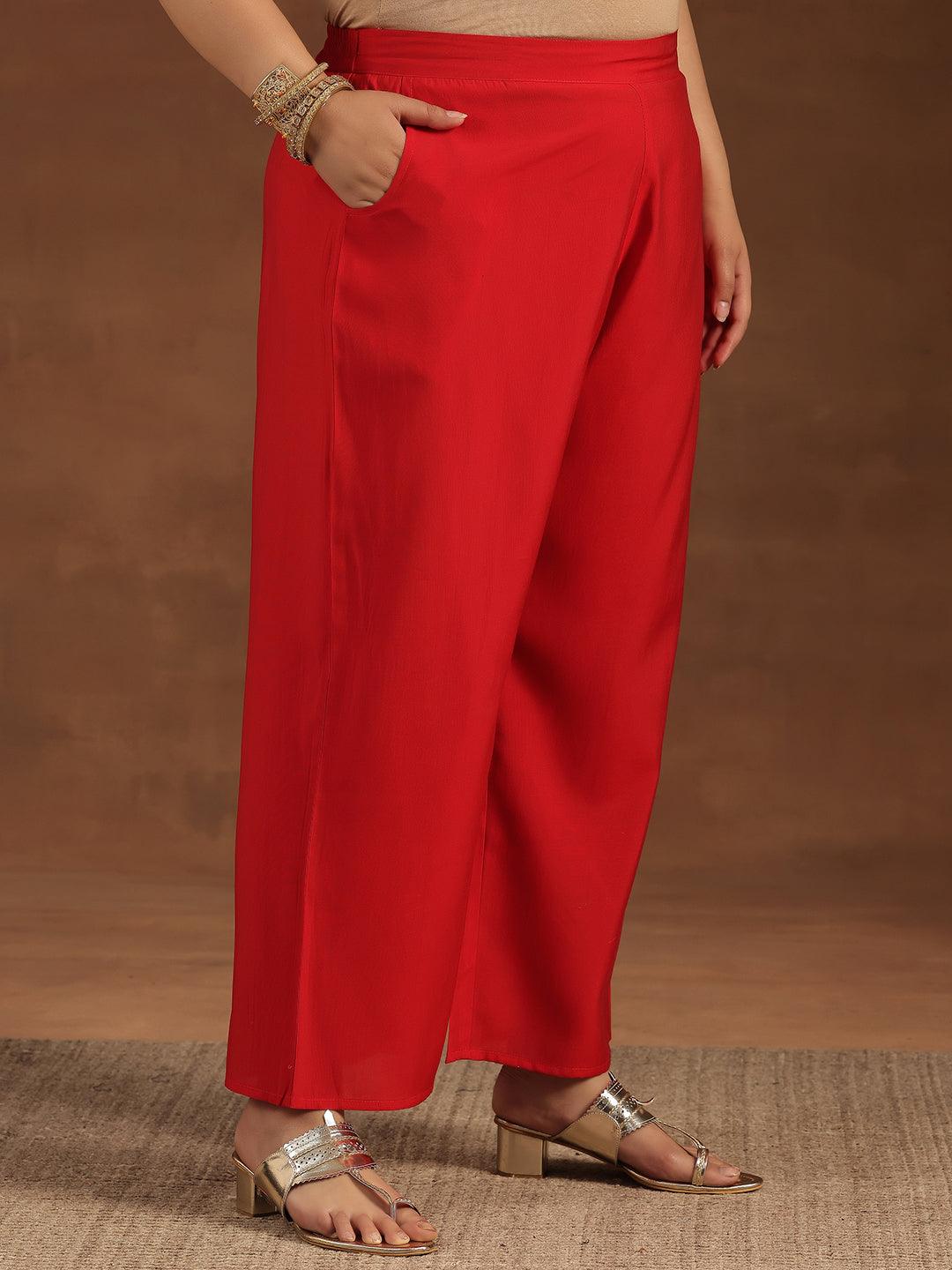 Plus Size Red Yoke Design Silk Blend Straight Suit With Dupatta - Libas