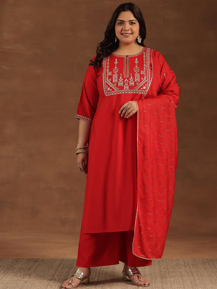 Plus Size Red Yoke Design Silk Blend Straight Suit With Dupatta - Libas