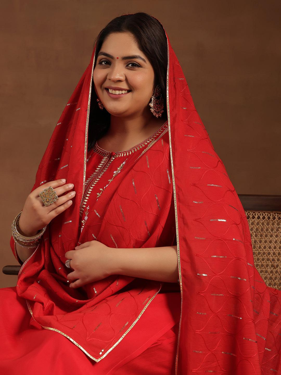 Plus Size Red Yoke Design Silk Blend Straight Suit With Dupatta - Libas