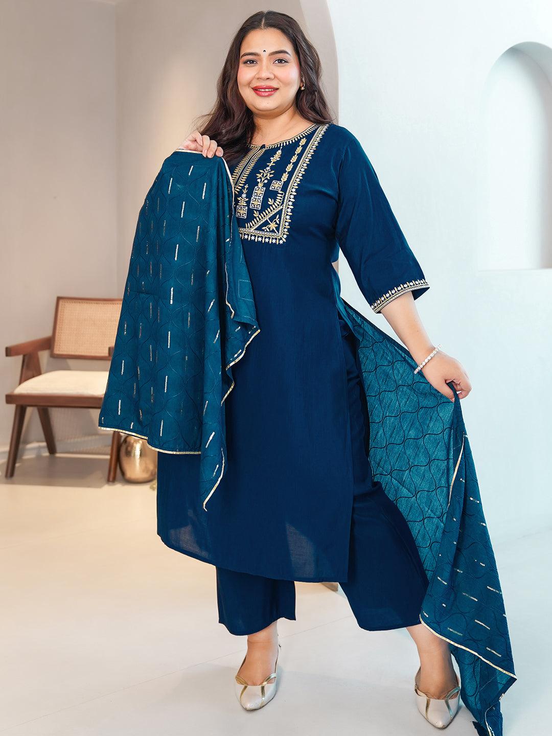 Plus Size Blue Yoke Design Silk Blend Straight Suit With Dupatta