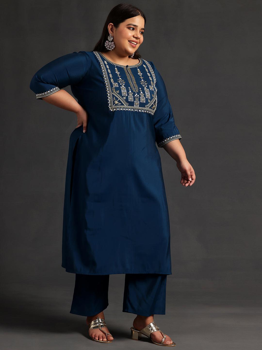 Plus Size Blue Yoke Design Silk Blend Straight Suit With Dupatta