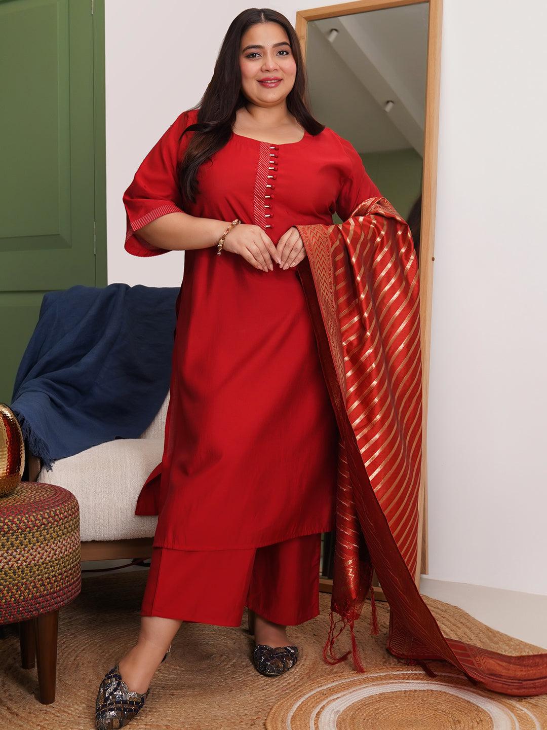 Plus Size Red Solid Silk Blend Straight Suit With Dupatta - Libas