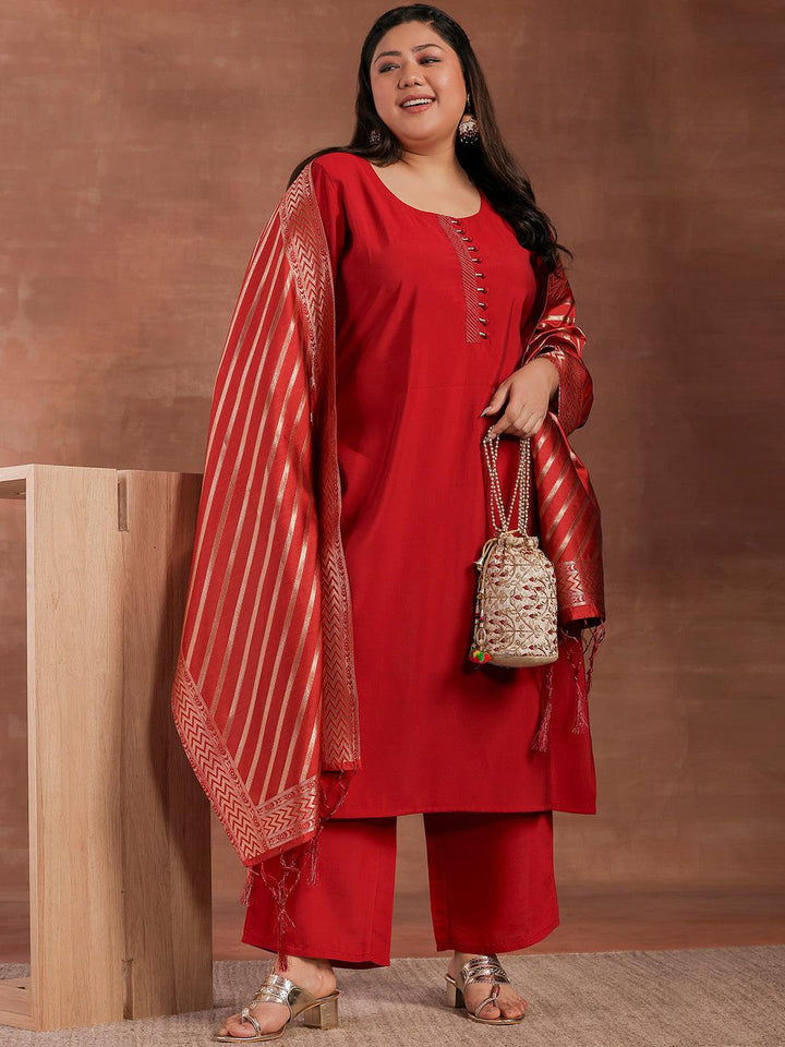 Plus Size Red Solid Silk Blend Straight Suit With Dupatta - Libas