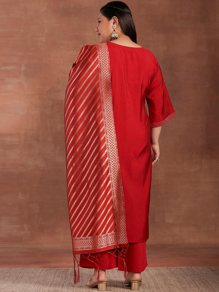 Plus Size Red Solid Silk Blend Straight Suit With Dupatta - Libas