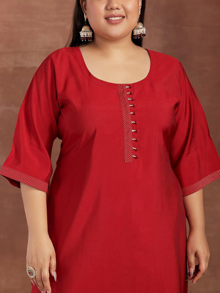 Plus Size Red Solid Silk Blend Straight Suit With Dupatta - Libas