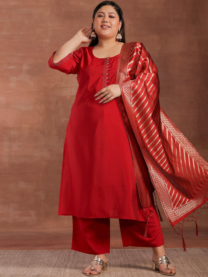 Plus Size Red Solid Silk Blend Straight Suit With Dupatta - Libas