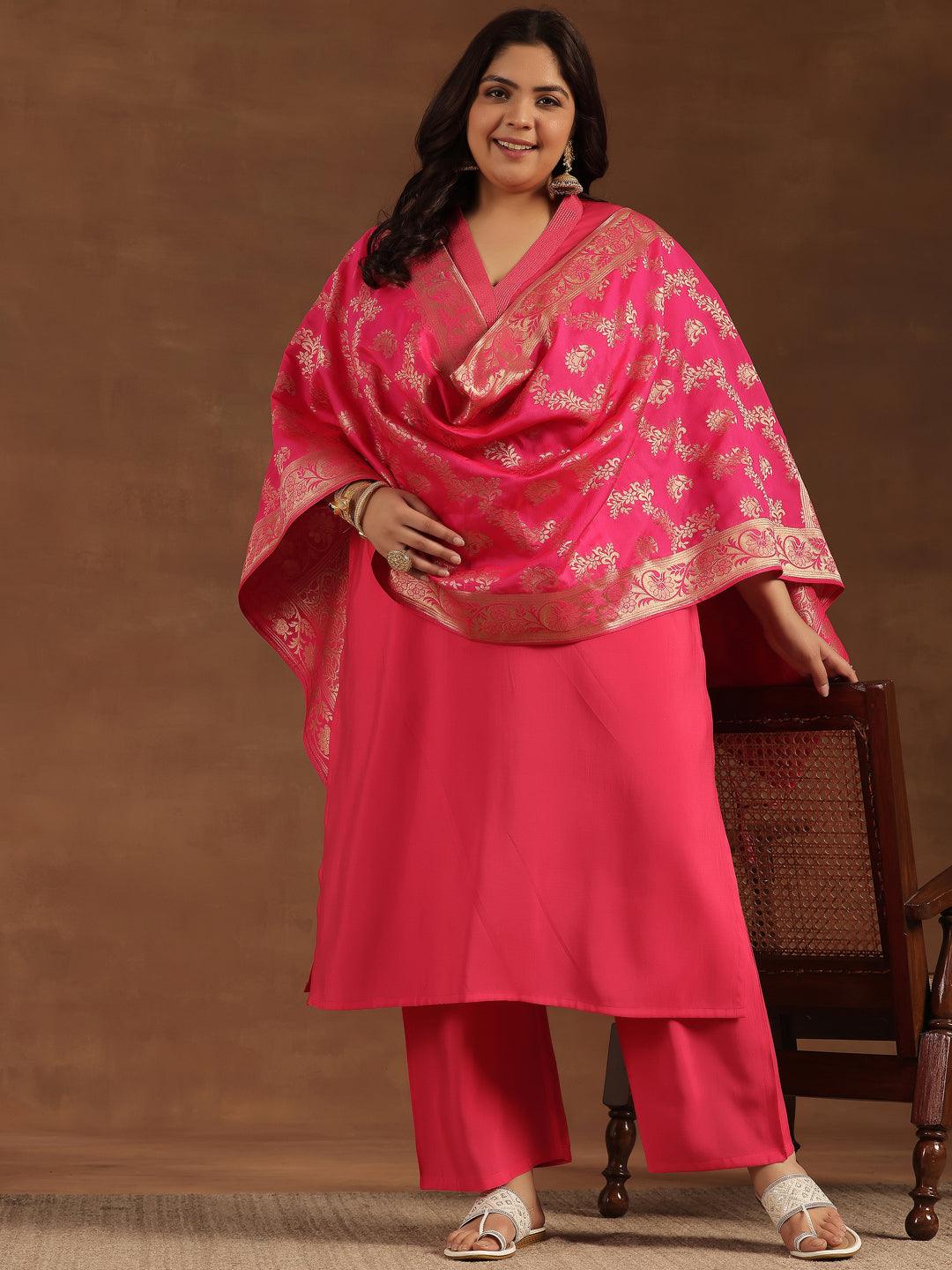 Plus Size Pink Solid Silk Blend Straight Suit With Dupatta - Libas