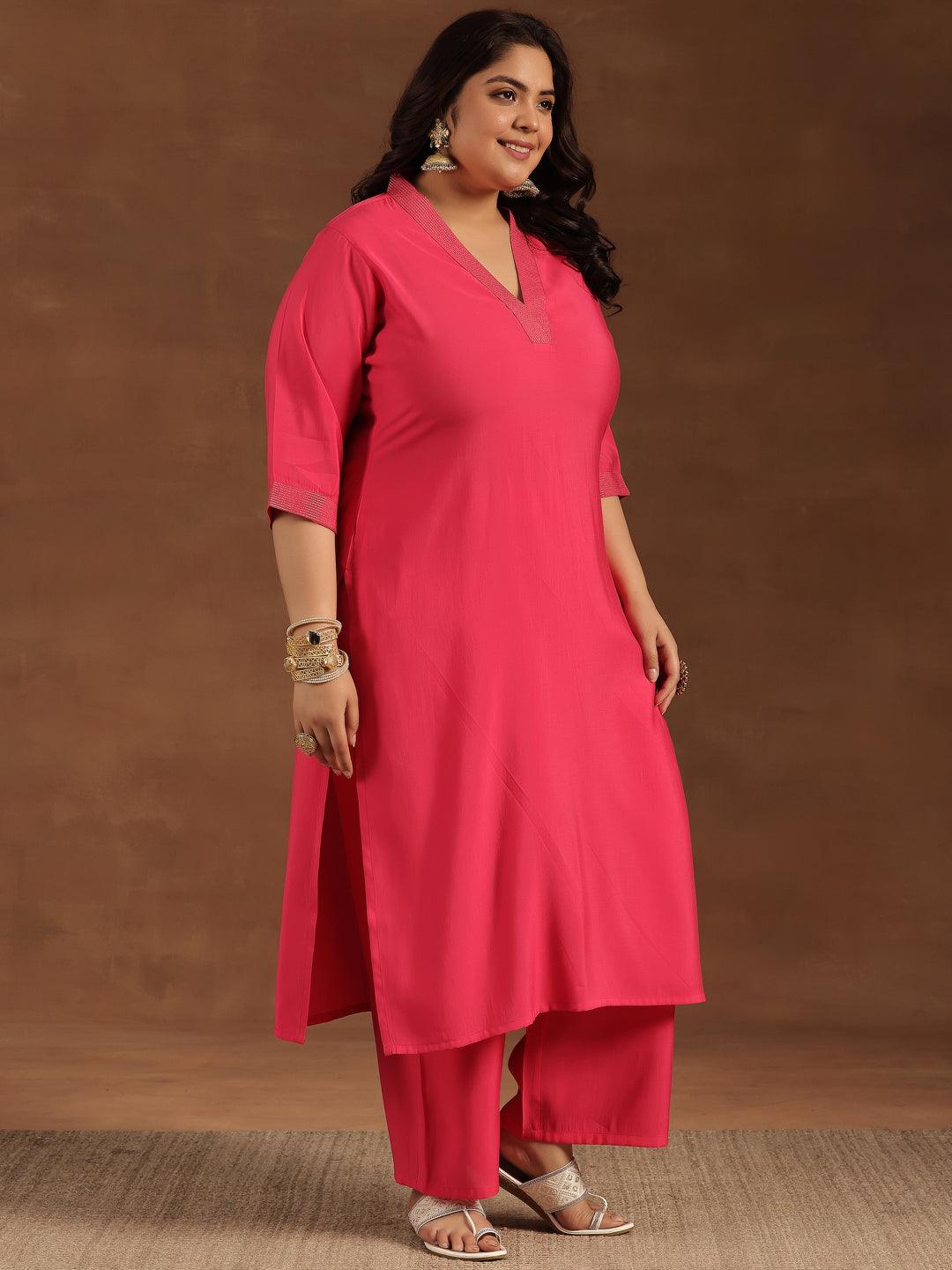 Plus Size Pink Solid Silk Blend Straight Suit With Dupatta - Libas