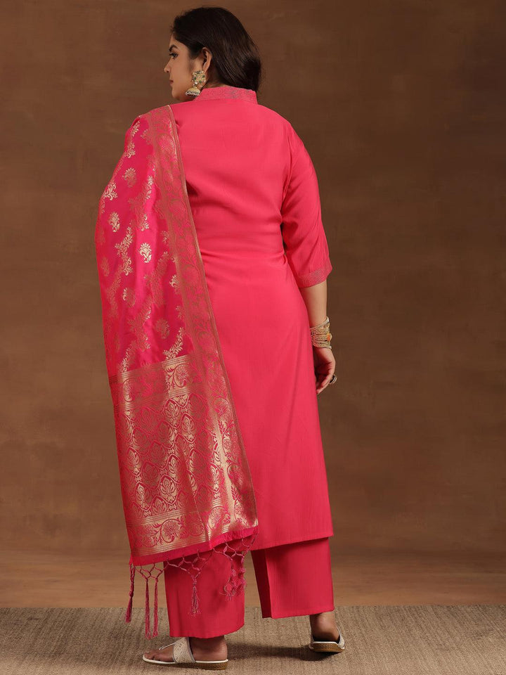 Plus Size Pink Solid Silk Blend Straight Suit With Dupatta - Libas