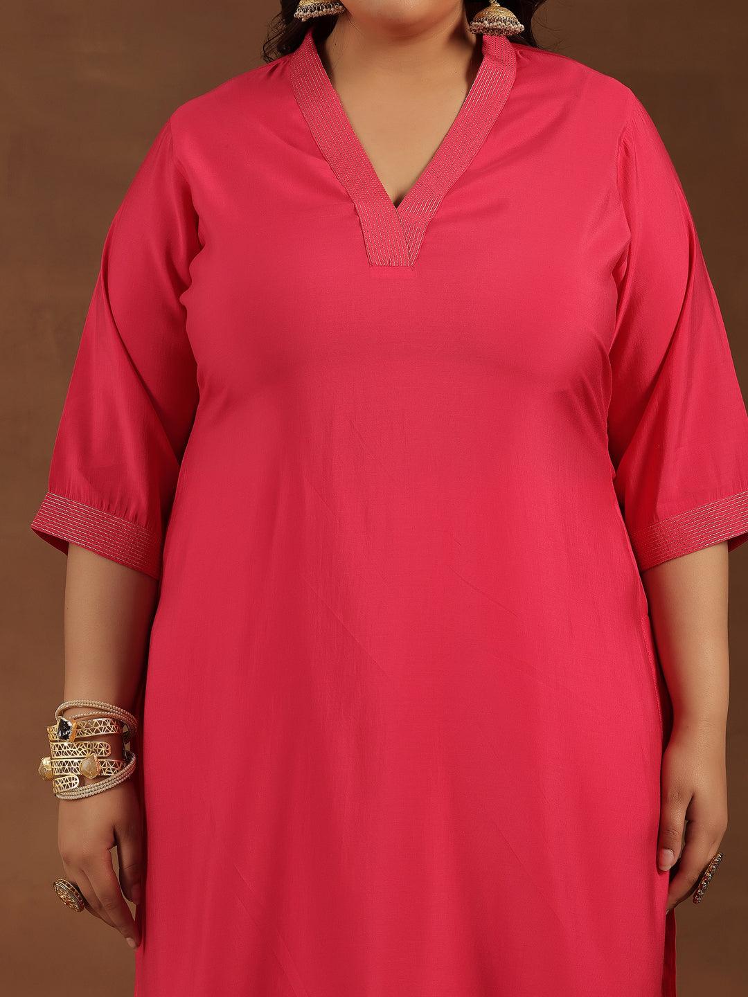 Plus Size Pink Solid Silk Blend Straight Suit With Dupatta - Libas