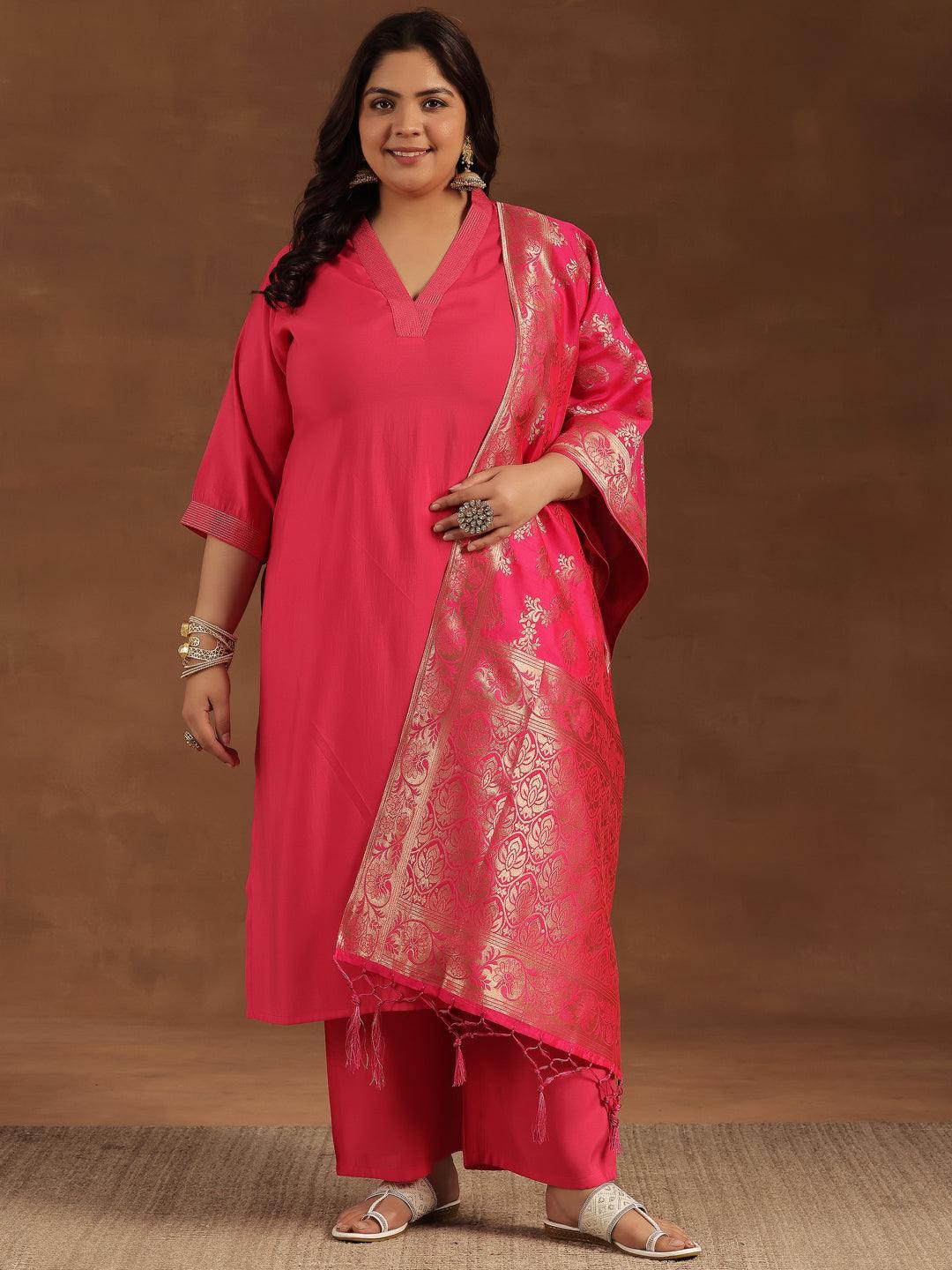 Plus Size Pink Solid Silk Blend Straight Suit With Dupatta - Libas